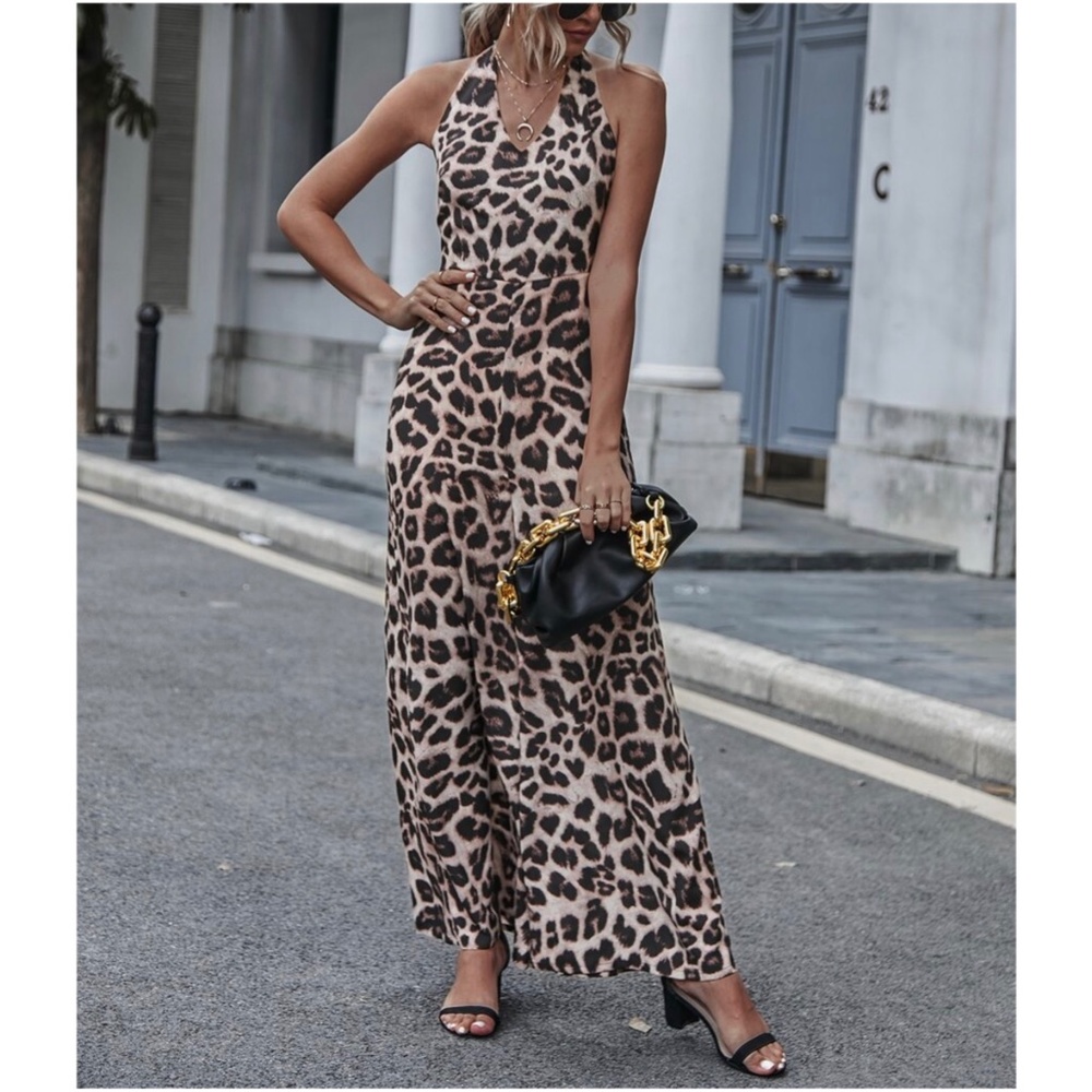 Boho Leopard Print Halter Wide Leg Jumpsuit Sexy